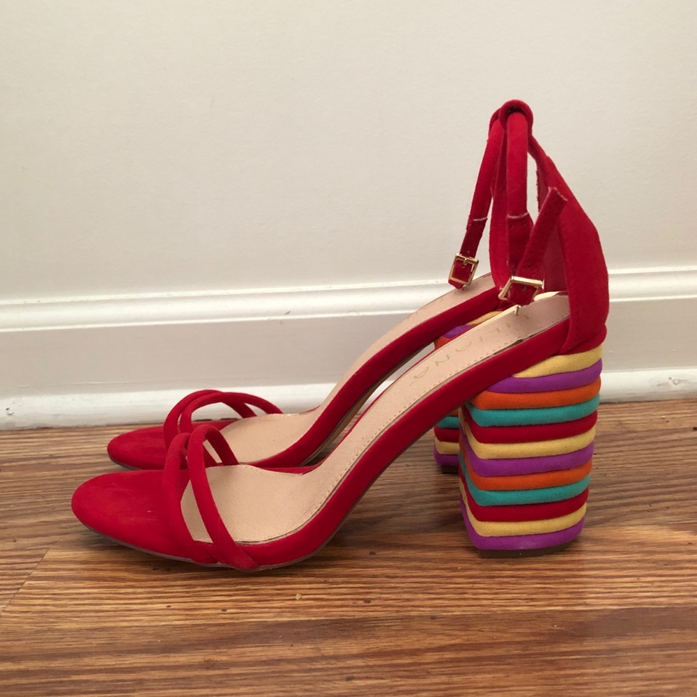 Liliana Red Strappy Sandals with Multicolor Layered Block Heel